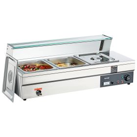 VEVOR 3-Pan Commercial Stainless Steele Food Warmer, 3 x 12QT Electric Steam Table with Tempered Glass Cover, 1500W Countertop Buffet