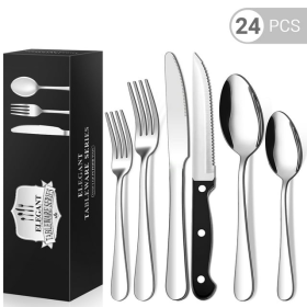 24 Piece Flatware Set for 4, TINANA Stainless Steel Mirror Polished Cutlery Utensils