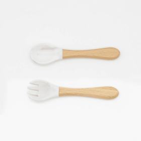 Baby Food Grade Wooden Handles Silicone Spoon Fork Cutlery (Color: White, size: Average Size (0-8Y)