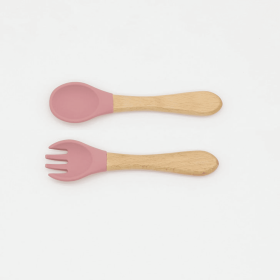 Baby Food Grade Wooden Handles Silicone Spoon Fork Cutlery (Color: Red, size: Average Size (0-8Y))