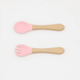 Baby Food Grade Wooden Handles Silicone Spoon Fork Cutlery (Color: Pink, size: Average Size (0-8Y))