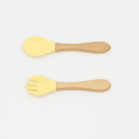 Baby Food Grade Wooden Handles Silicone Spoon Fork Cutlery (Color: Light Yellow, size: Average Size (0-8Y))