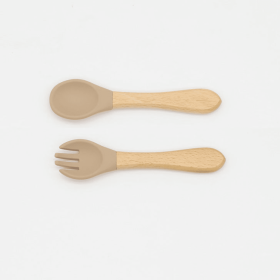 Baby Food Grade Wooden Handles Silicone Spoon Fork Cutlery (Color: Khaki, size: Average Size (0-8Y))