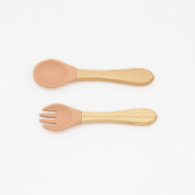 Baby Food Grade Wooden Handles Silicone Spoon Fork Cutlery (Color: Orange, size: Average Size (0-8Y))