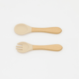 Baby Food Grade Wooden Handles Silicone Spoon Fork Cutlery (Color: Apricot, size: Average Size (0-8Y))