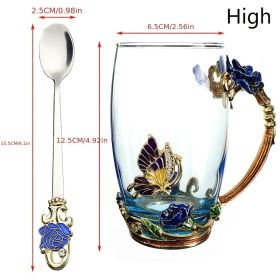 1pc Rose Enamel Crystal Tea Cup; Coffee Mug; Tumbler Butterfly Rose Painted Flower Clear Glass With Spoon (Color: Blue, size: High)